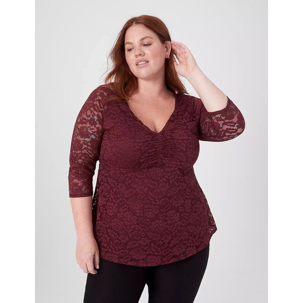 Lane Bryant 3/4-Sleeve Ruched‎ V-Neck Babydoll Lace Top Plus Size 22 Maroon